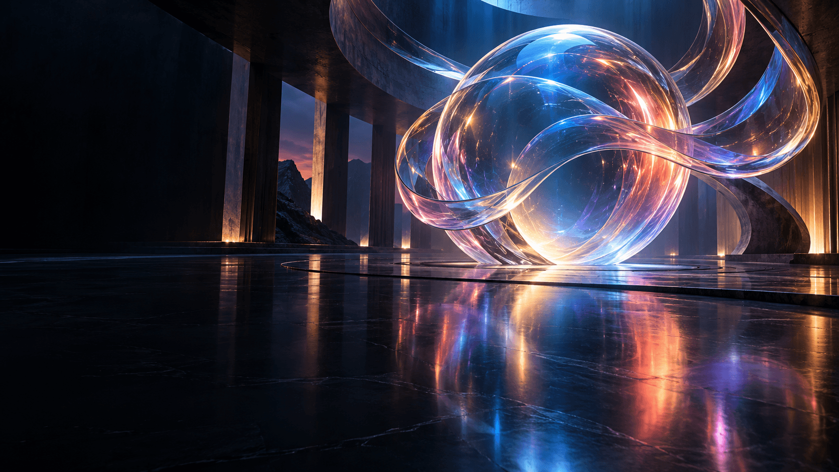 Luminous glass sculpture in an atmospheric digital gallery
